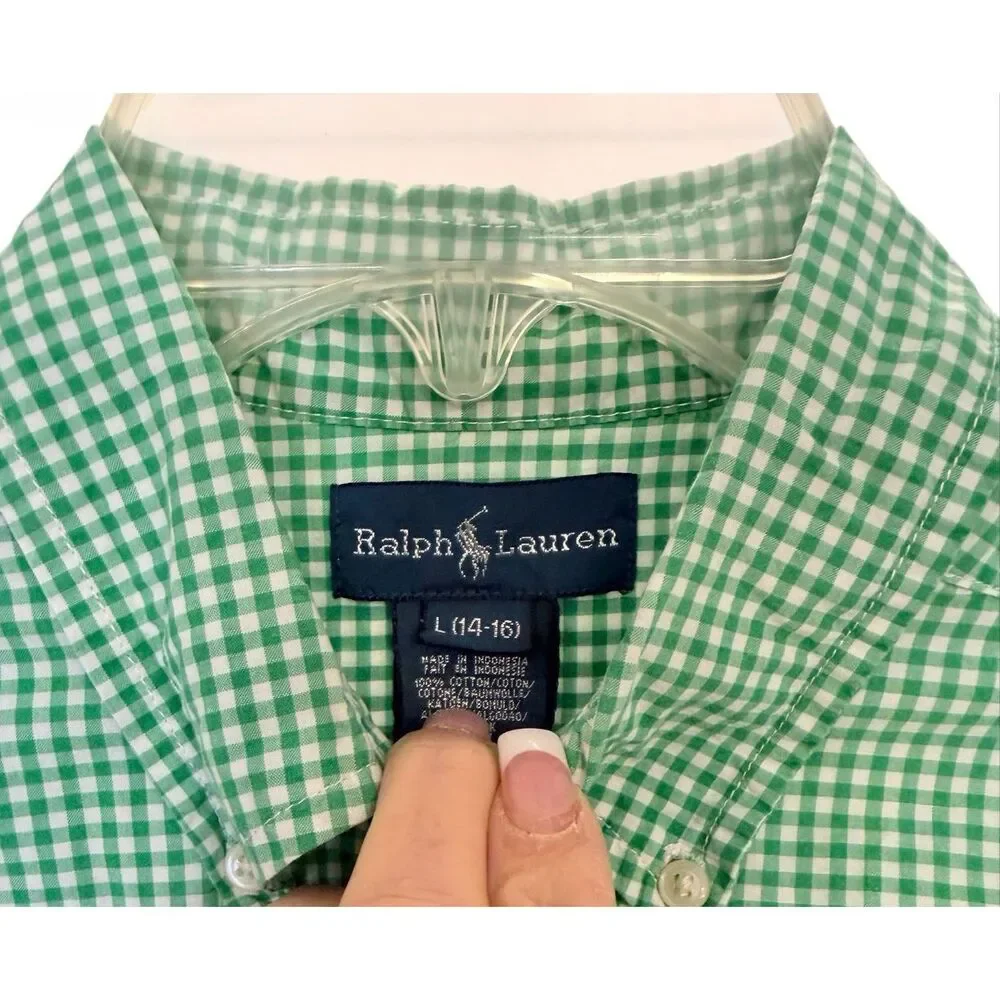 Ralph Lauren Boys Green/White Gingham Check Button Down Shirt Sz. 14-16 Latge